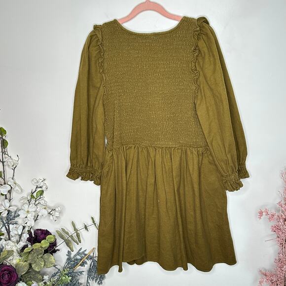 MADEWELL Flannel Lucie V-Neck Smocked Mini Dress Olive Green {OO20} - Picture 4 of 7